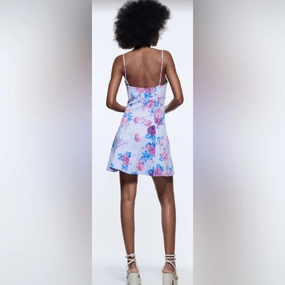 ZARA V-neck Floral Print Mini Dress Size Large - Picture 4 of 14